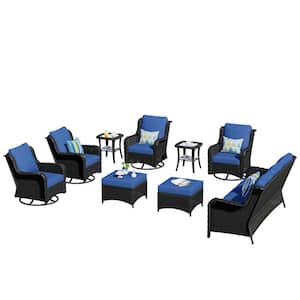 Janus Brown 9-Piece Wicker Patio Conversation Seating Set with Navy Blue Cushions and Swivel Chairs