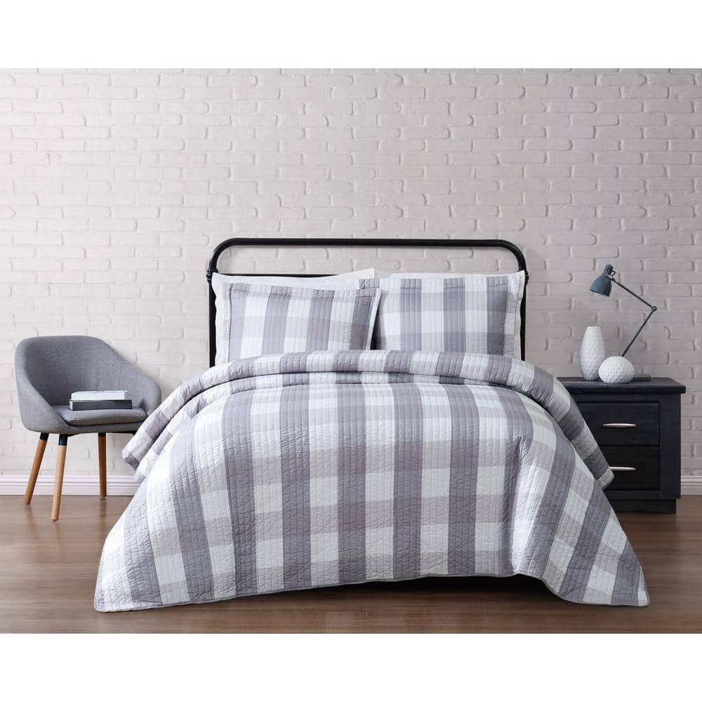 Gray Twin XL Reversible Microfiber Quilt Set