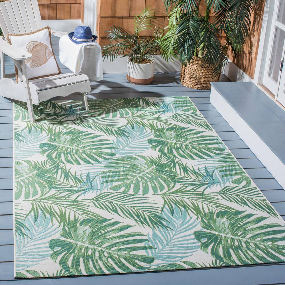 Green and Teal Tropical Palm Leaves Indoor/Outdoor Area Rug