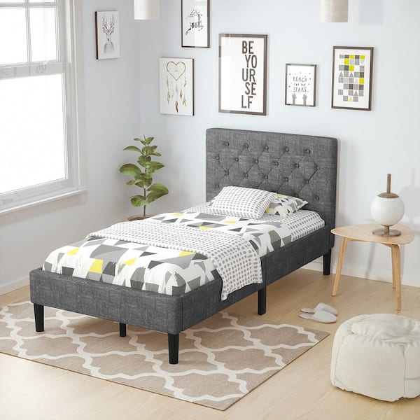 Gray Twin Bed Frame Tufted Headboard Platform Bed with Slat Support 