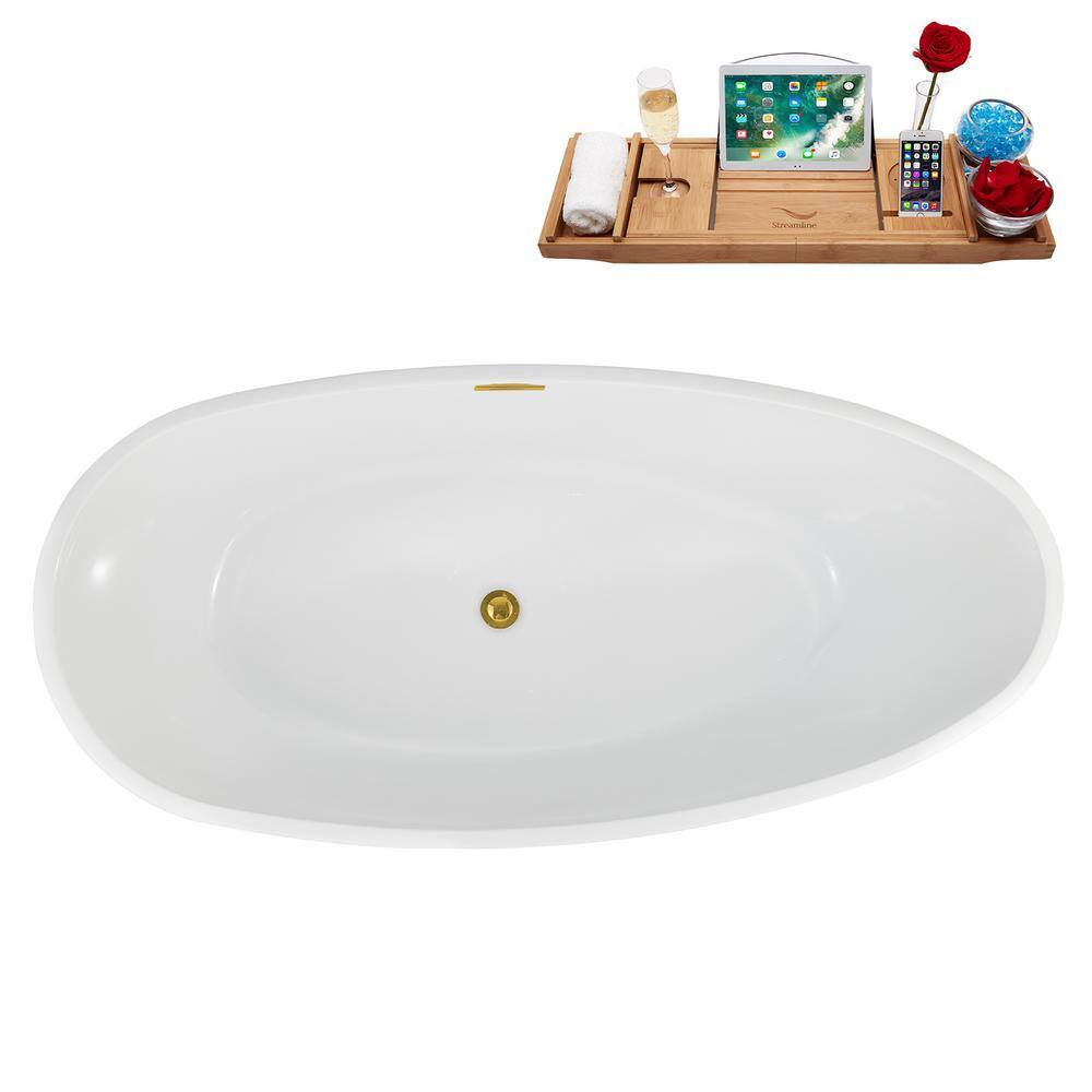 67" Glossy White Acrylic Freestanding Soaking Bathtub with Polished Gold Trim