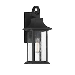Hancock 6.75 in. W x 17.25 in. H 1-Light Matte Black Hardwired Outdoor Wall Lantern Sconce with Clear Seeded Glass Shade