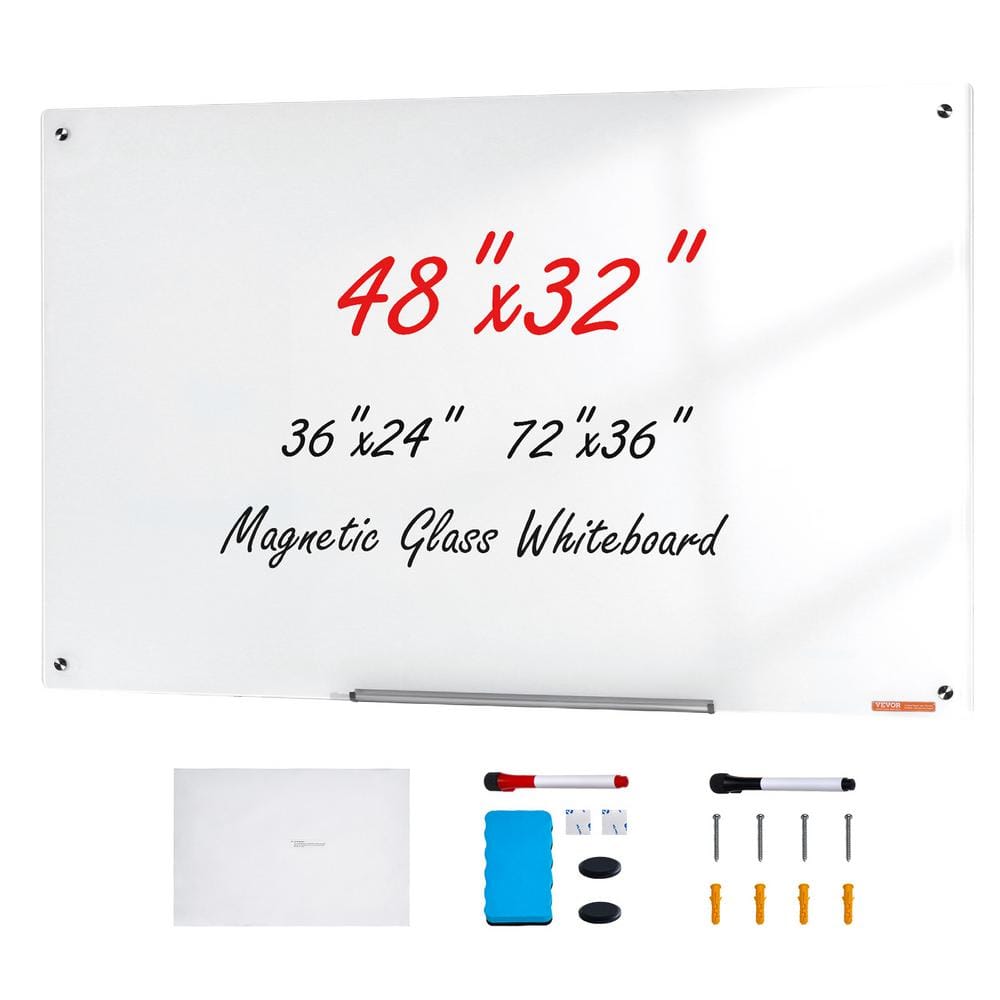 VEVOR Magnetic Glass Whiteboard Dry Erase Board 48 x32 Wall Mounted Large White Glassboard Frameless with Marker Tray An Eraser and 2 Markers White