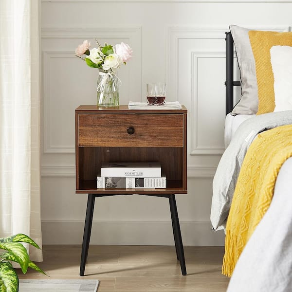 VECELO Nightstand Industrial End Table Accent Furniture with 1Open Storage & 1Drawer for Small Space，Brown，23.6"Tx11.8"Wx15.7"L
