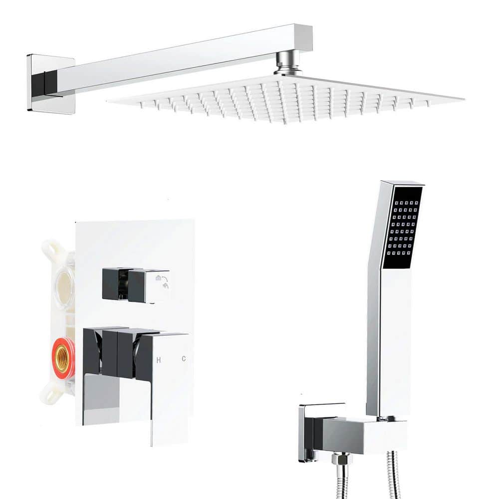 1-Spray Square 10 in. Shower Head Brass Wall Bar Shower Kit with Valve & Ha