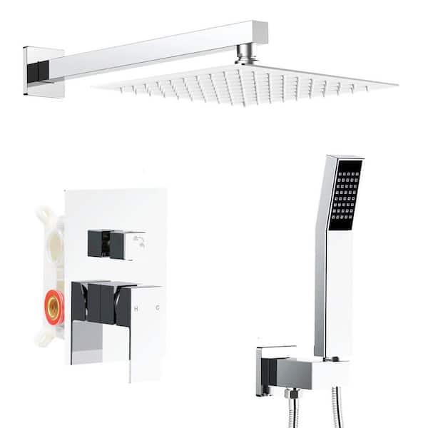 AKLFGN 1-Spray Square 10 in. Shower Head Brass Wall Bar Shower Kit with Valve & Hand Shower Rainfall Shower in Polished Chrome