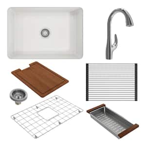 Sotto White Fireclay 27 in. Single Bowl Drop-In/Undermount Kitchen Sink with Faucet and Accessories
