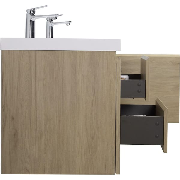 Espace 59 in. Double Sinks Modern Wall-Mounted Floating Natural Oak Bath Vanity with White Resin Top, Cabinet, Drawers