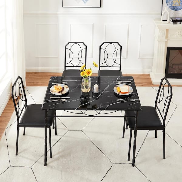 Dining Table Set For 4, 43.3 in. L, Black Rectangle Table Set 29.9in.H, Wooden Marble Texture Accent Table With 4 Chairs