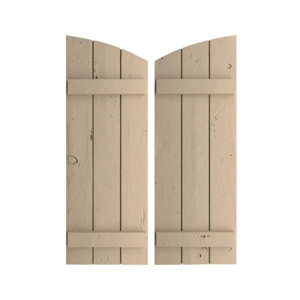 Ekena Millwork 16.5 in. x 46 in. Polyurethane Knotty Pine 3 Board Joined Board-n-Batten Elliptical Top Faux Wood Shutters Primed Tan