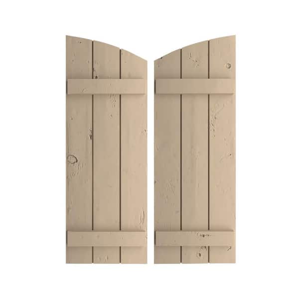 Ekena Millwork 16-1/2 in x 64 in Polyurethane Knotty Pine Three Board Joined Board-n-Batten Elliptical Top Shutters Primed Tan