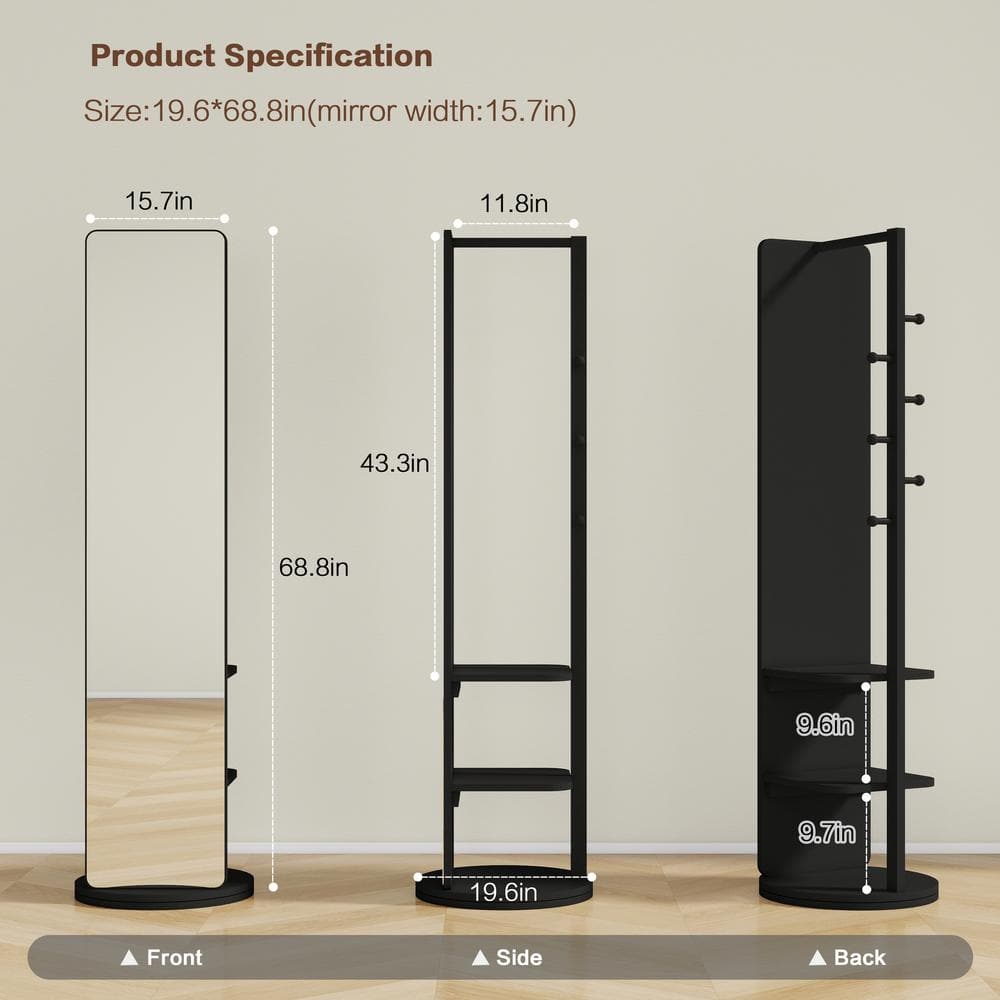 Black Solid Wood Full-Length Mirror with Coat Rack