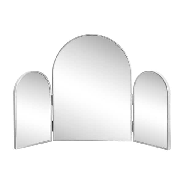 Verity 30 in. W x 20 in. H Medium Arch Trifold Aluminum Alloy Framed Vanity Mirror for Tabletop and Wall Mount, Nickel