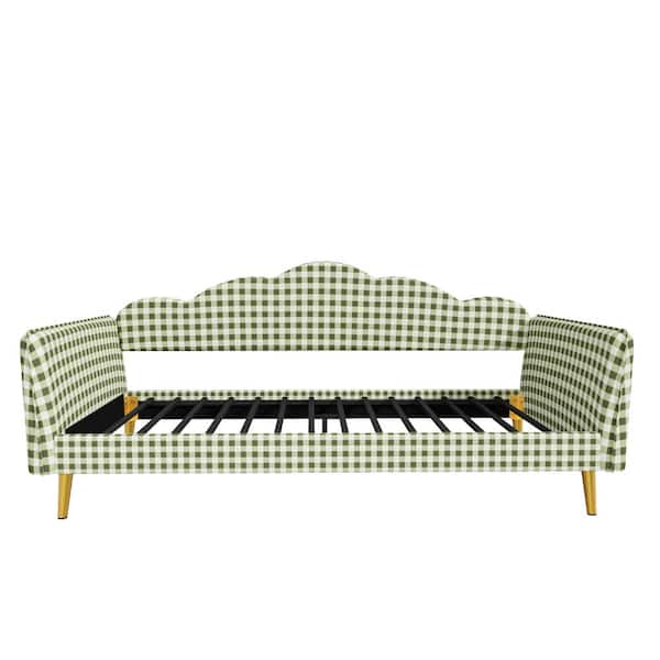 Twin Size Fully Upholstered Platform Daybed Frame with Curved Headboard Side Armrests Metal Legs & Slat Support in Green