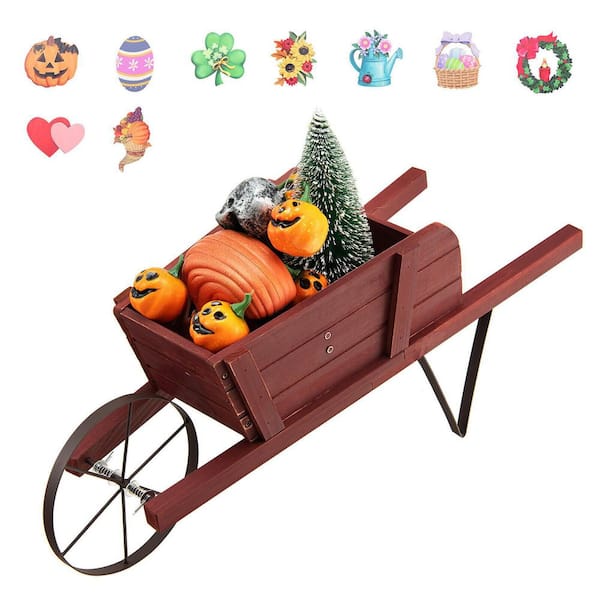 Gymax Wooden Wagon Planter Decorative Indoor/Outdoor Rustic Flower Cart with Wheel Red