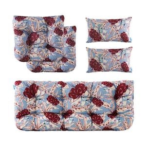 Outdoor Floral Cushions Loveseats Chair with Bench Cushion Replacement for Patio Furniture in Blue Red L19xW44(Set of 5)