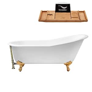 67 in. Cast Iron Clawfoot Non-Whirlpool Bathtub in Glossy White with Brushed Nickel Drain and Polished Gold Clawfeet