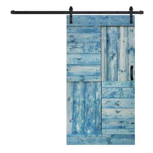 S Series 42 in. x 84 in. Worn Navy Finished DIY Solid Wood Sliding Barn Door with Hardware Kit