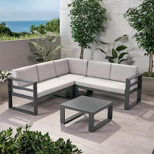 V-Shape 4-Piece Aluminum Outdoor Sectional Set with Beige Cushions, Left & Right Sofa Seat, Corner Chair & Coffee Table