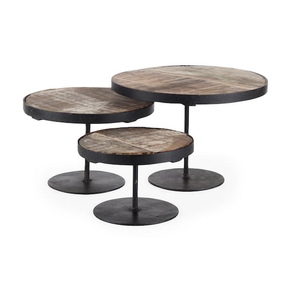 Mercana Lorenz (Set of 3) Light Brown Wood with Black Metal Base Round Decorative Display Stands