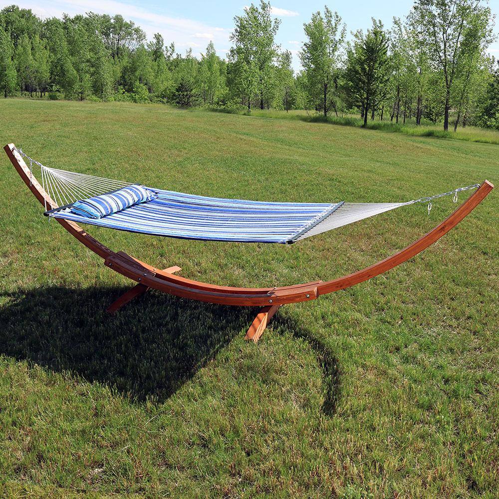 Catalina Beach Blue and Green Quilted 2-Person Hammock with Curved Wood Stand