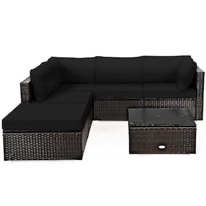 Free-combined 6-Piece Wicker Patio Conversation Set with Black Cushions