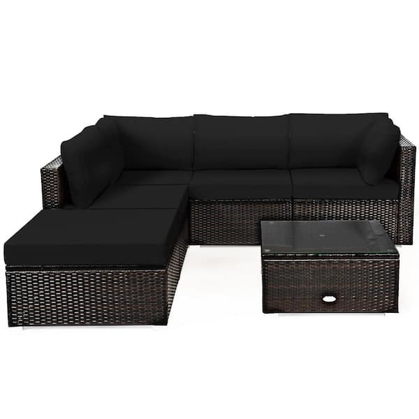 FORCLOVER Free-combined 6-Piece Wicker Patio Conversation Set with Black Cushions