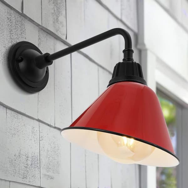JONATHAN Y Croydon 9.63 in. Red 1-Light Farmhouse Industrial Indoor/Outdoor Iron LED Gooseneck Arm Outdoor Sconce