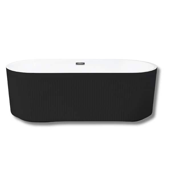 VANITYFUS 59 in. x 30 in. Oval Acylic Freestanding Soaking Bathtub with Center Drain in Black.