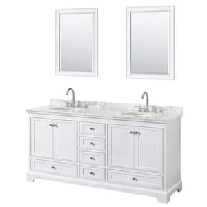 Deborah 72 in. Double Vanity in White with Marble Vanity Top in White Carrara with White Basins and 24 in. Mirrors