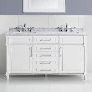 Aberdeen 60 in. Double Sink Freestanding White Bath Vanity with Carrara Marble Top (Assembled)