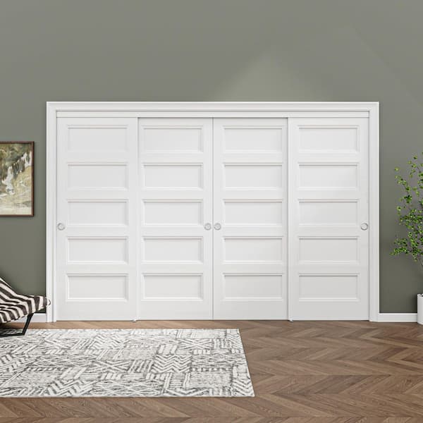 120 in. x 80 in. Paneled 5-Lite White Primed MDF Composite Sliding Door with Hardware