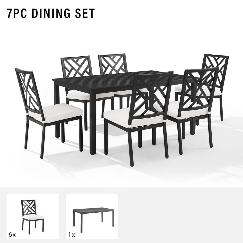 Locke 7-Piece Black Steel Outdoor Dining Set with Cream Cushions