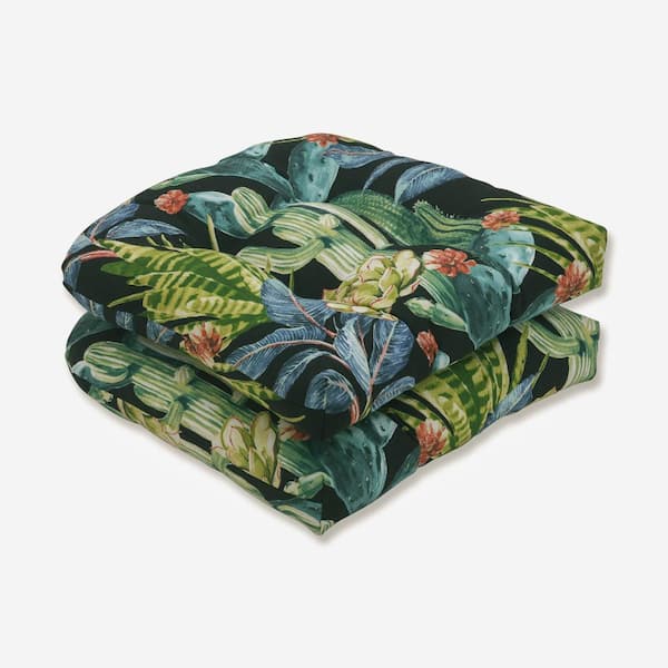 Pillow Perfect Floral 19 x 19 2-Piece Outdoor Dining chair Cushion in Black/Blue Hattaras