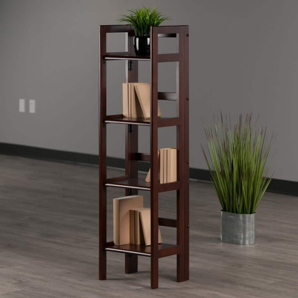 Transitional Slim Walnut 4-Tier Folding Bookcase for Kids and Books