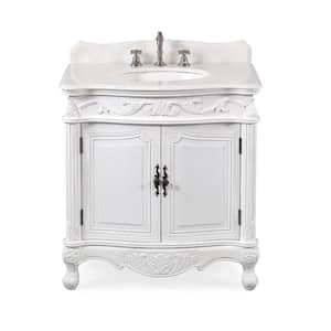 Fiesta 31.5 in. W x 22 in D. x 34 in. H White Marble Top in Antique White With White Under mount Ceramic Sink Vanity