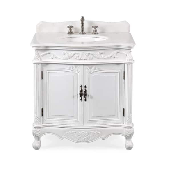 Benton Collection Fiesta 31.5 in. W x 22 in D. x 34 in. H White Marble Top in Antique White With White Under mount Ceramic Sink Vanity