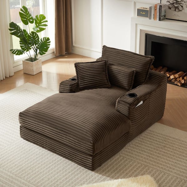 Compression Brown Cotton Twin Size Sofa Bed, Lounge Chair with Double-Layer Cushion, Cup Holders and Side Pockets