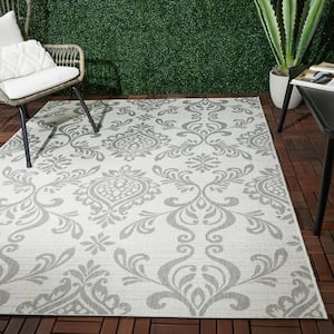 Rowland White 8 ft. x 10 ft. Damask Indoor/Outdoor Area Rug