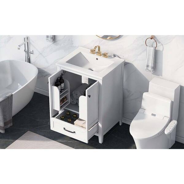 24 in. W Freestanding Bath Vanity in White with White Ceramic Top