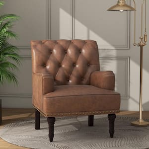 Mid-Century Modern Solid Wood Leg Brown PU Leather Button Upholstered Accent Armchair With Nailhead Trim