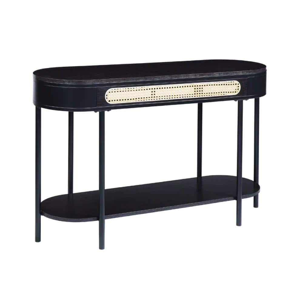 Benjara 16 in. Black Oval Wood Top Console Table with Metal Legs ...