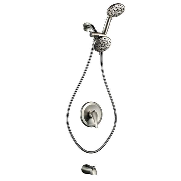 Dual 2-In-1 Round Single Handle 7-Spray Tub and Shower Faucet 1.8 GPM in Spout Defense in Brushed Nickel Valve Included