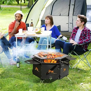 2-in-1 Functional Portable Charcoal Grill Stove Fire Pit in Black with 360-Degree Rotatable Grill Foldable Body and Legs