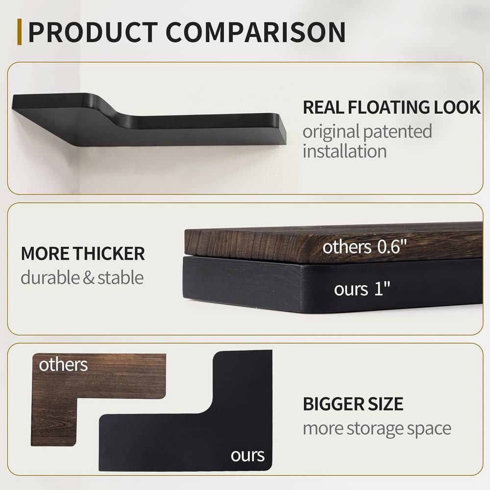 Black Wood 3-Tier Corner Floating Wall Shelves