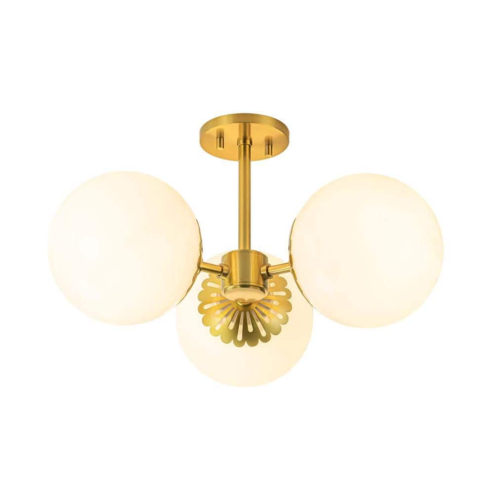 19.69 in. 3-Light Gold Mid Century Modern Semi-Flush Mount Ceiling Light Fi