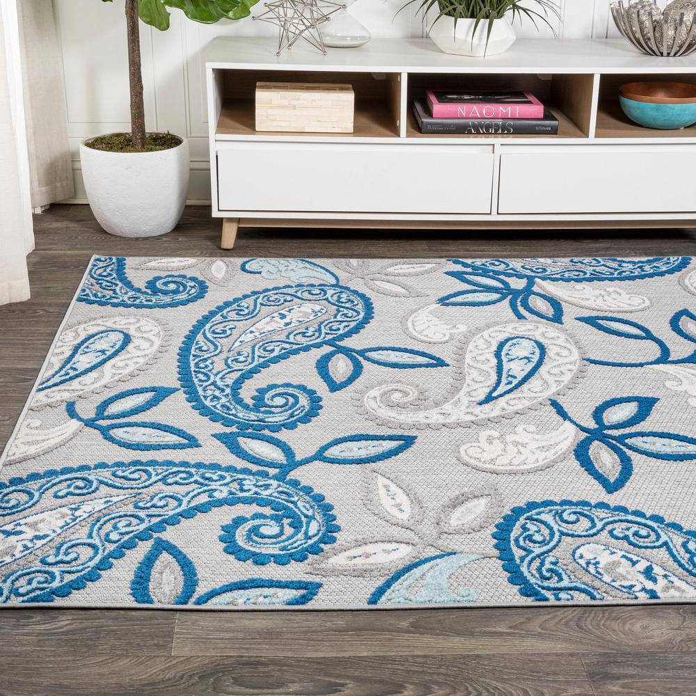Boho Paisley Blue and Light Gray Synthetic 3x5 Indoor/Outdoor Rug