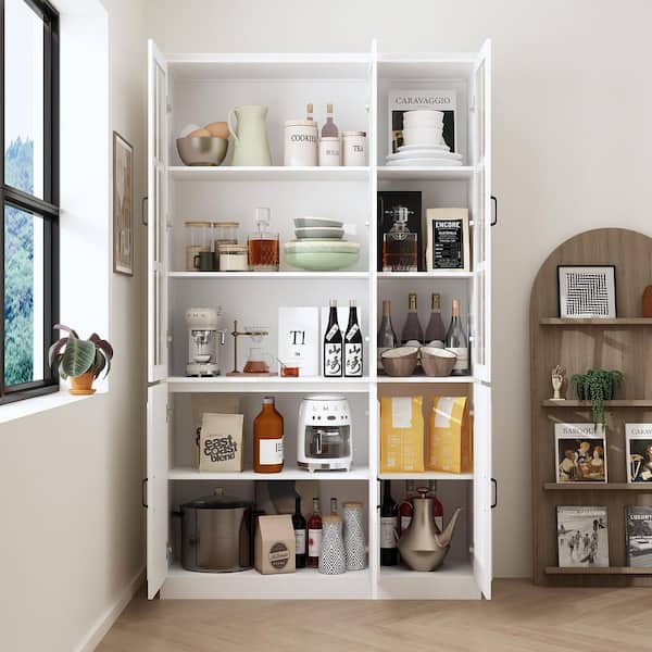 47.2 in. W x 15.7 in. D x 78.7 in. H White 10-Shelf Wood Standard Bookcase With Doors, Drawers, Adjustable Shelves