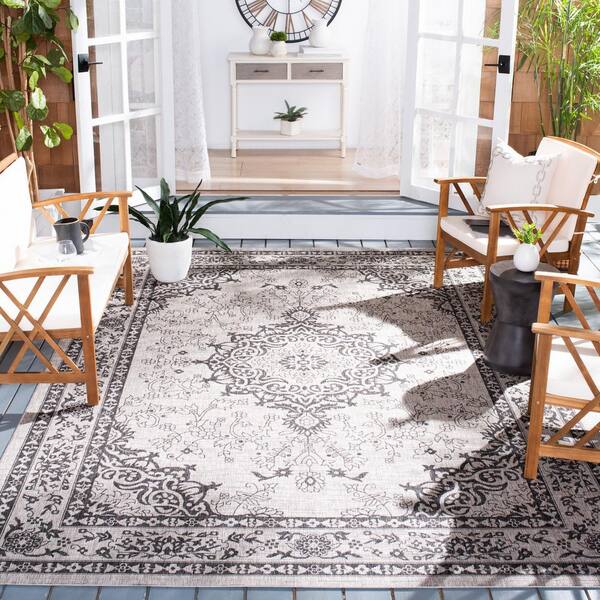 Courtyard Beige/Black 8 ft. x 11 ft. Distressed Border Ornate Indoor/Outdoor Area Rug