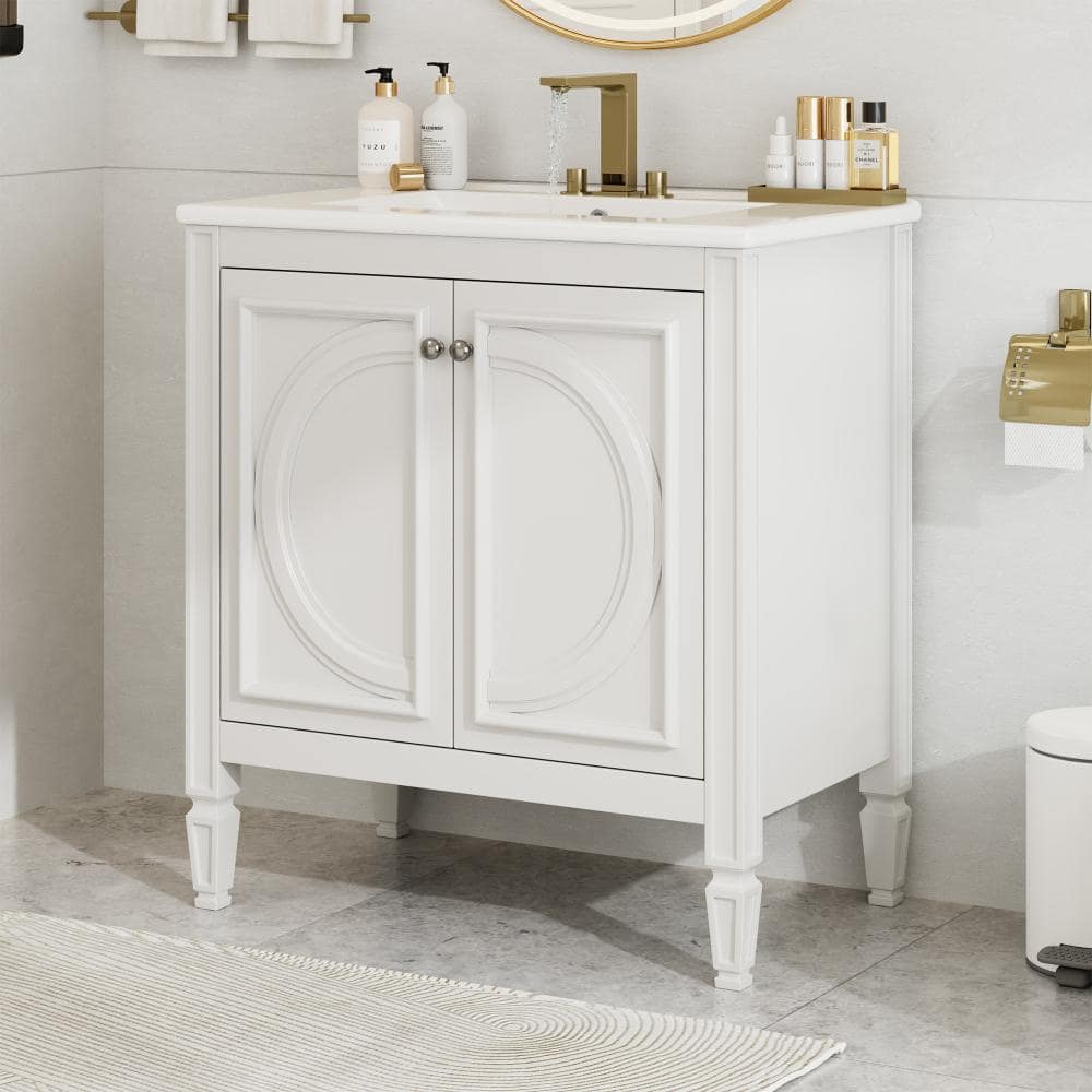 White 30 in. W Bathroom Vanity with Ceramic Sink, Door Shelf and Soft Close Door Hinges price history on PriceWatchPro